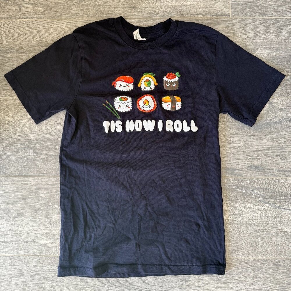 Sushi Graphic Tee Black Tis How I Roll Cotton Women Small - Picture 2 of 4